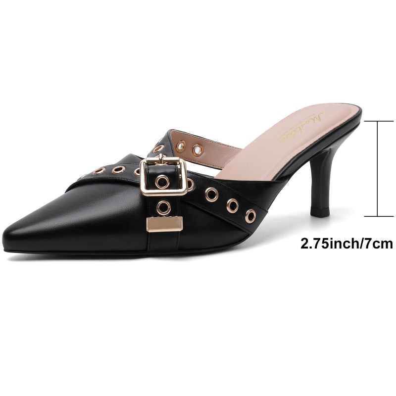 Mostrin Black Kitten Heels for Women Studded Heeled Mules Pointed Closed Toe Heels Vintage Heels Slip on Stiletto Heels Dressy Pumps Shoes Trendy Heels Size 7 - Image 5
