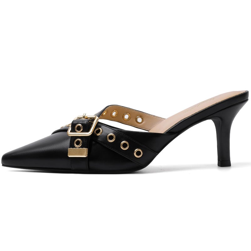 Mostrin Black Kitten Heels for Women Studded Heeled Mules Pointed Closed Toe Heels Vintage Heels Slip on Stiletto Heels Dressy Pumps Shoes Trendy Heels Size 7 - Image 1