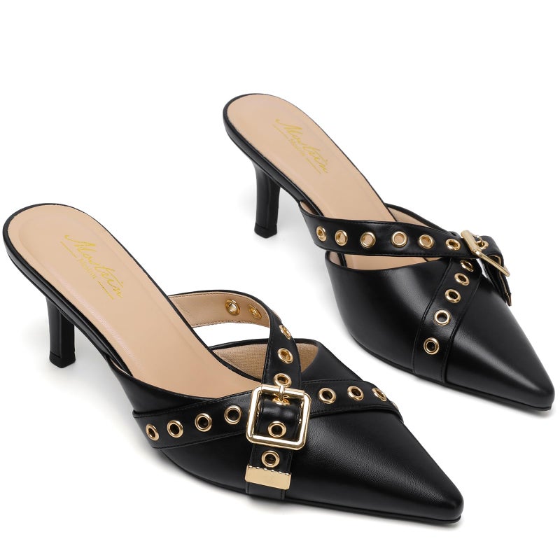 Mostrin Black Kitten Heels for Women Studded Heeled Mules Pointed Closed Toe Heels Vintage Heels Slip on Stiletto Heels Dressy Pumps Shoes Trendy Heels Size 7 - Image 4