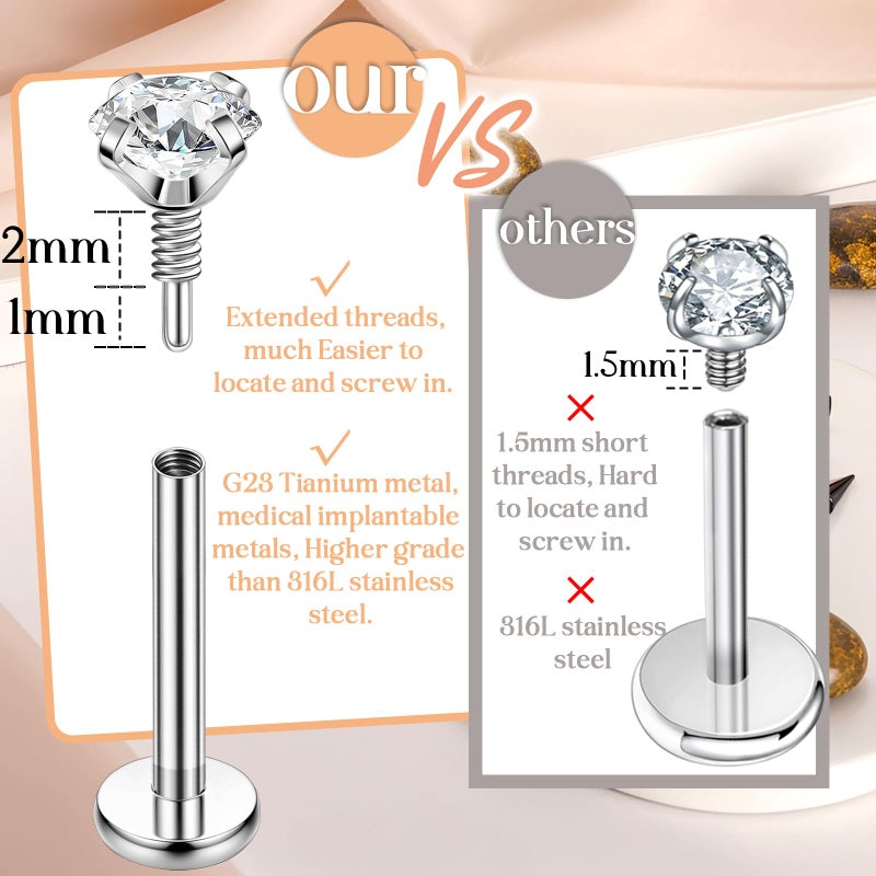 PunkTracker 16g/18g/20g Titanium Internal Thread CZ Stud Piercing Jewelry for Tragus Nose Helix Medusa Lip Labret - Helix Tragus Cartilage Earring for Women Men 3PCS - Image 2