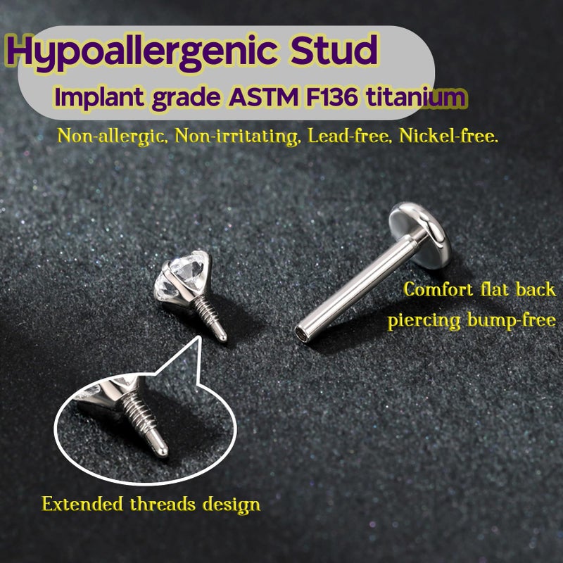 PunkTracker 16g/18g/20g Titanium Internal Thread CZ Stud Piercing Jewelry for Tragus Nose Helix Medusa Lip Labret - Helix Tragus Cartilage Earring for Women Men 3PCS - Image 3