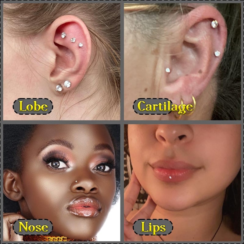 PunkTracker 16g/18g/20g Titanium Internal Thread CZ Stud Piercing Jewelry for Tragus Nose Helix Medusa Lip Labret - Helix Tragus Cartilage Earring for Women Men 3PCS - Image 4