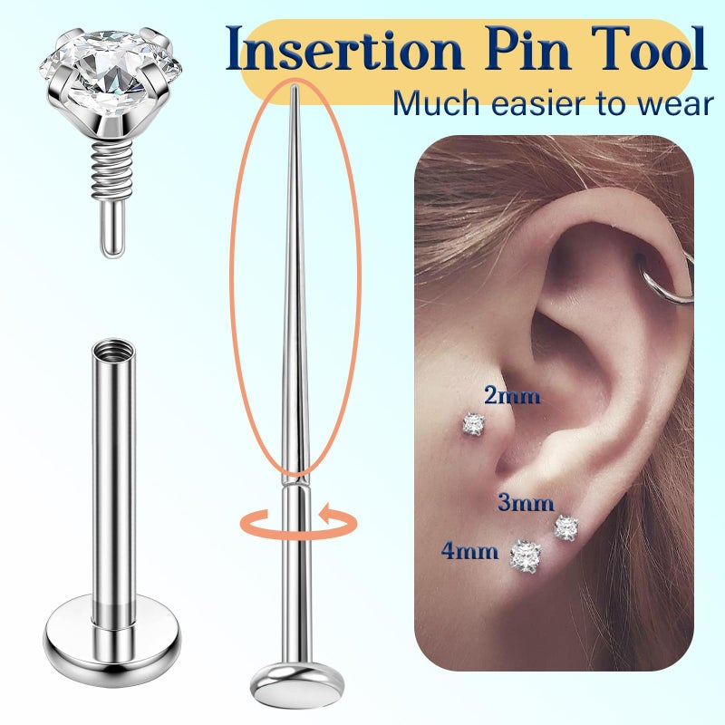 PunkTracker 16g/18g/20g Titanium Internal Thread CZ Stud Piercing Jewelry for Tragus Nose Helix Medusa Lip Labret - Helix Tragus Cartilage Earring for Women Men 3PCS - Image 5