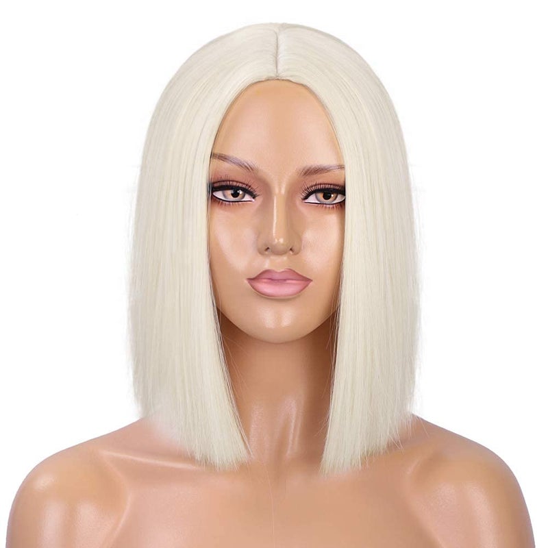 ENTRANCED STYLES Platinum Blonde Wig Straight Hair Short Bob Wigs for Women Middle Part Shoulder Length Synthetic Wig Cosplay Halloween Party Wigs