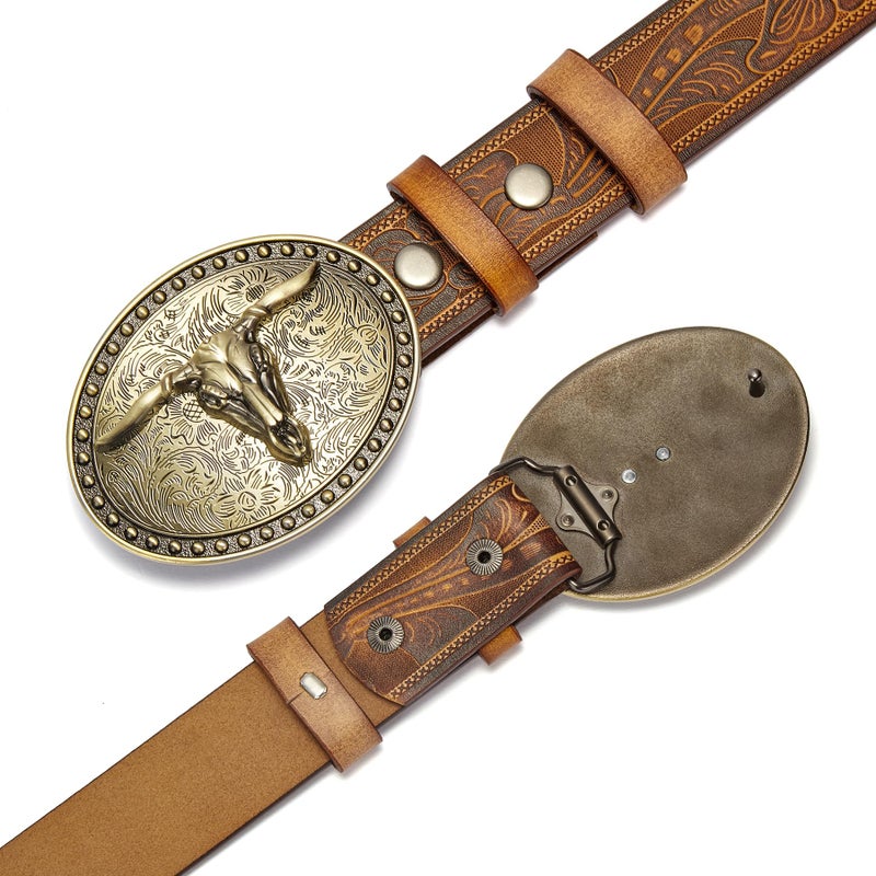 BISON DENIM Men's Western Double embossed leather belts with golden Cowboy Longhorn Bull Pattern Floral Engraved Buckle Belt studded buckle replaceable belt buckle - Image 4