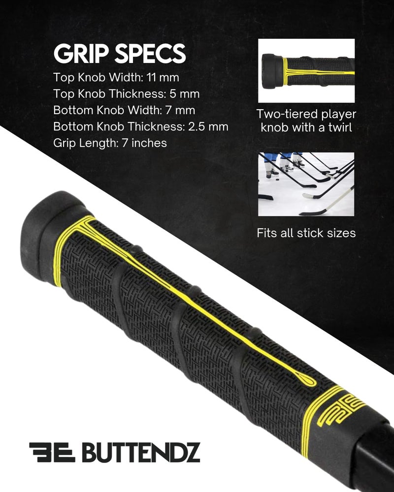 Buttendz Future Rubber Replacement Hockey Grip - Step Down Knob, Two-Tiered Player Knob with Twirl, Fits All Stick Sizes for Superior Control and Puck Feel (Black, Yellow Drip) - Image 2