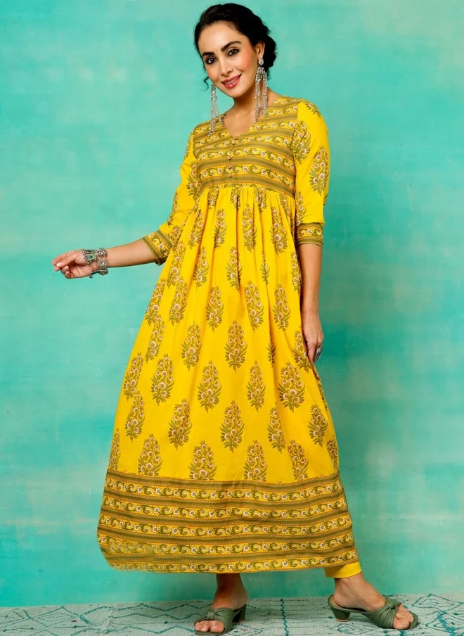 أيه كيه إس Floral Printed Yellow Anarkali Kurta for Women