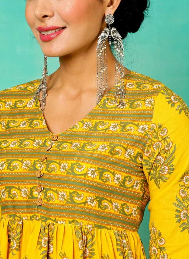 أيه كيه إس Floral Printed Yellow Anarkali Kurta for Women
