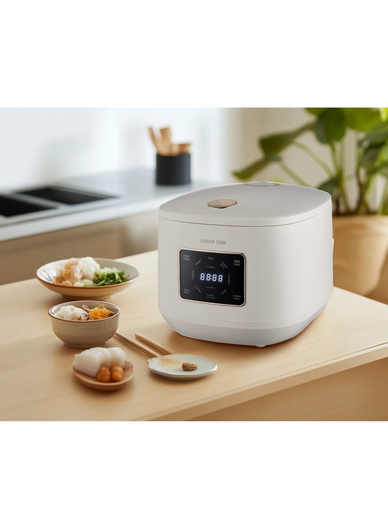 جرين ليون طباخ أرز رقمي 900 واط 5 لتر مع 9 أوضاع للطهي / مؤقت مسبق الضبط / فتحة تهوية / شاشة رقمية / وضع الحفاظ على الدفء / سهل التنظيف / التحكم باللمس / مادة بلاستيك البولي بروبيلين - أبيض - Image 3