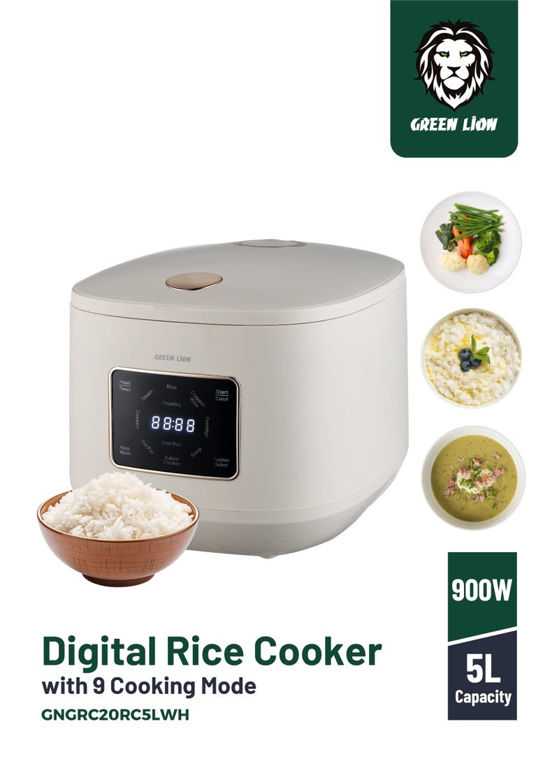 جرين ليون طباخ أرز رقمي 900 واط 5 لتر مع 9 أوضاع للطهي / مؤقت مسبق الضبط / فتحة تهوية / شاشة رقمية / وضع الحفاظ على الدفء / سهل التنظيف / التحكم باللمس / مادة بلاستيك البولي بروبيلين - أبيض - Image 1
