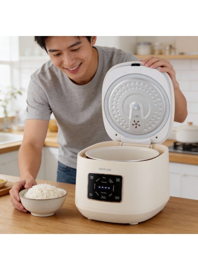 جرين ليون طباخ أرز رقمي 900 واط، سعة 5 لتر، 9 أوضاع طهي مسبقة، وضع الحفاظ على الحرارة، تحكم باللمس، فتحة تهوية، غير لاصق، وظيفة الحفاظ على الحرارة التلقائية، للاستخدام في المنزل، السكن الجامعي، المكتب، والسفر - Image 2