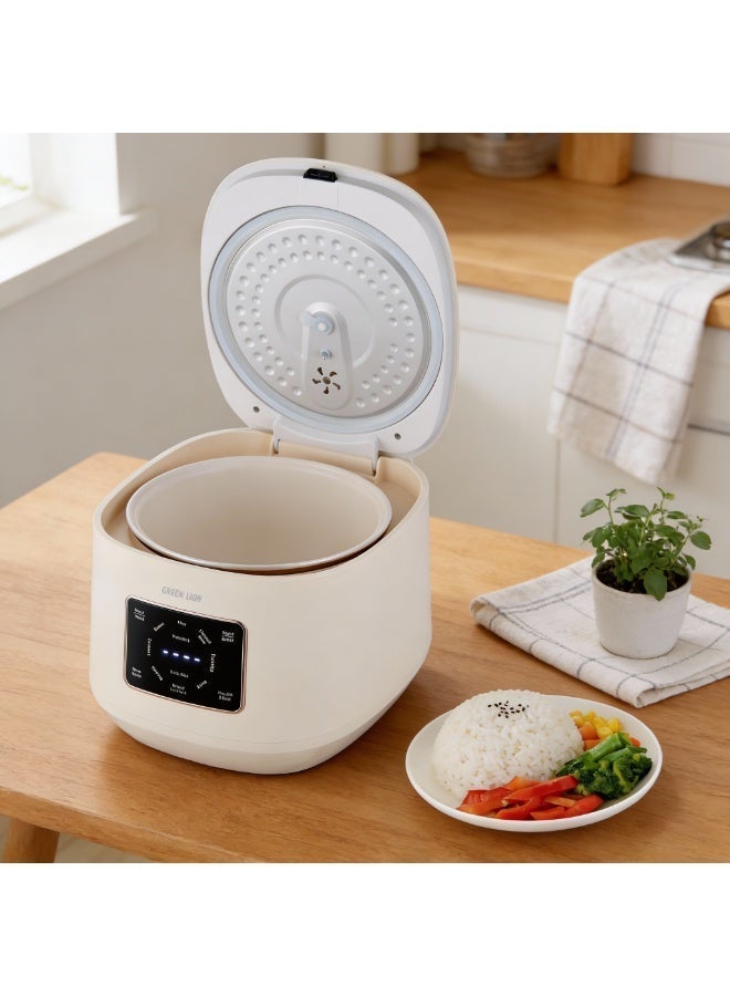 جرين ليون طباخ أرز رقمي 900 واط، سعة 5 لتر، 9 أوضاع طهي مسبقة، وضع الحفاظ على الحرارة، تحكم باللمس، فتحة تهوية، غير لاصق، وظيفة الحفاظ على الحرارة التلقائية، للاستخدام في المنزل، السكن الجامعي، المكتب، والسفر - Image 4