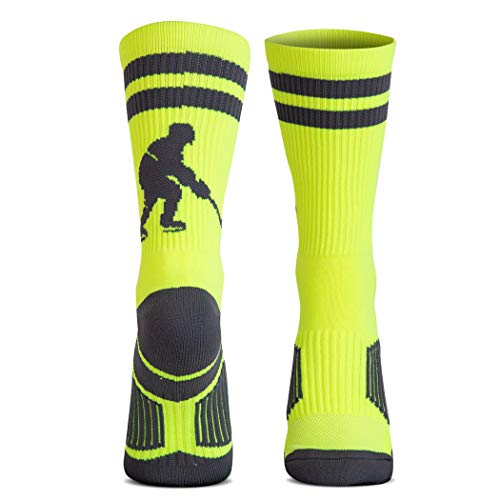ChalkTalkSPORTS Hockey Half Cushioned Crew Socks | Hockey Player | Neon/Gray - Image 1