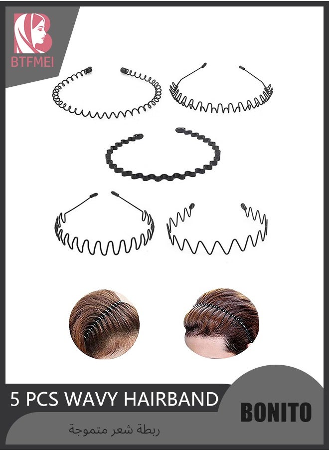 BONITO 5 PCS Metal Spring Wavy Hairband Hair Hoop, Simple Fashionable Headband Headwear Accessories for Men, Women, Black  - Image 1