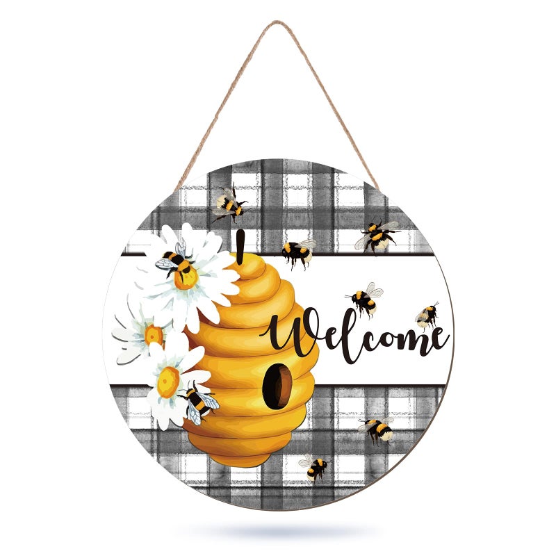 Whaline Bee Welcome Sign Wooden Hanging Sign Front Door Decor Rustic Plaids Daisy Welcome Wood Sign for Spring Summer World Bee Day Home Office Coffee Shop Farmhouse Window