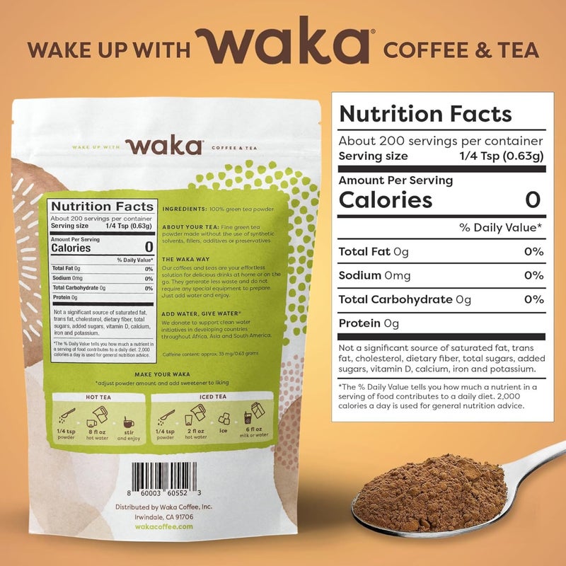 Waka Coffee مزيج شاي أخضر فوري واكا - 100% أوراق شاي، مسحوق غير محلى لـ 200 كوب، شاي ساخن أو مثلج سهل التحضير - Image 2