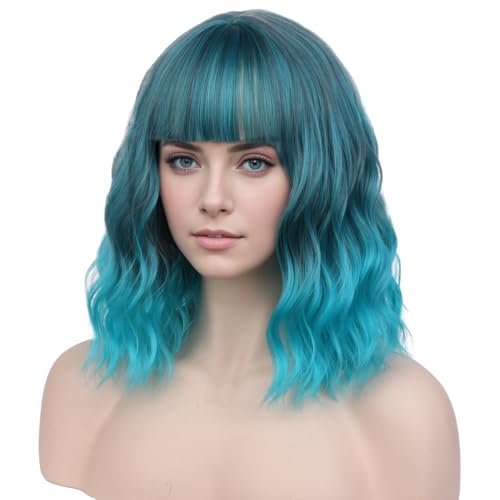 PATTNIUM Mixed Blue Wig for Women Short Wavy Teal Wig with Bangs Blue Bob Wigs Heat Resistant Synthetic Cosplay Costume Wigs - Image 1