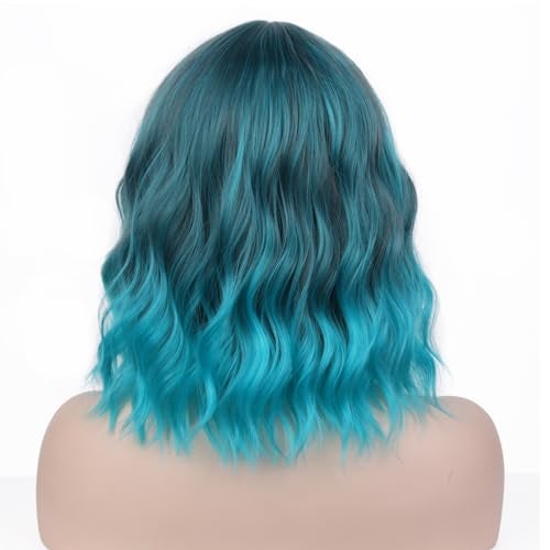 PATTNIUM Mixed Blue Wig for Women Short Wavy Teal Wig with Bangs Blue Bob Wigs Heat Resistant Synthetic Cosplay Costume Wigs - Image 4