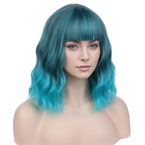 PATTNIUM Mixed Blue Wig for Women Short Wavy Teal Wig with Bangs Blue Bob Wigs Heat Resistant Synthetic Cosplay Costume Wigs - Image 3