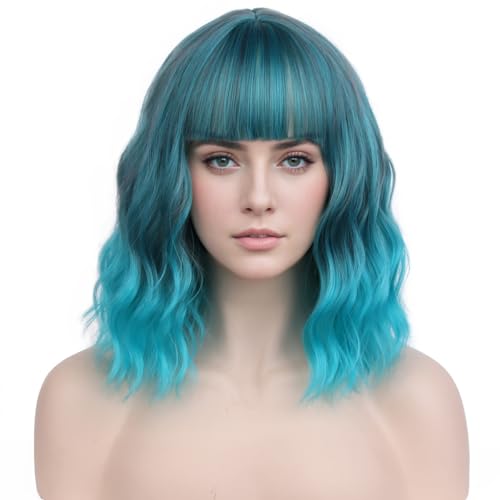 PATTNIUM Mixed Blue Wig for Women Short Wavy Teal Wig with Bangs Blue Bob Wigs Heat Resistant Synthetic Cosplay Costume Wigs - Image 2
