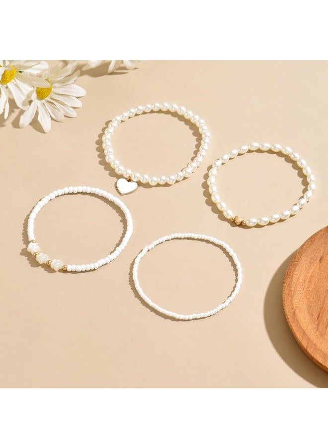 Hremhoo Pearl Bracelets for Women Simulated Pearl Beaded Bracelet White Pearls Stackable Stretch Bracelet Set Multilayered Elastic Pearls Bracelets for Women Bridesmaid Bridal Jewelry, Small, Metal - Image 3