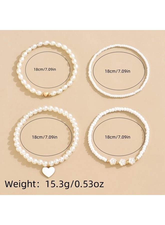 Hremhoo Pearl Bracelets for Women Simulated Pearl Beaded Bracelet White Pearls Stackable Stretch Bracelet Set Multilayered Elastic Pearls Bracelets for Women Bridesmaid Bridal Jewelry, Small, Metal - Image 5