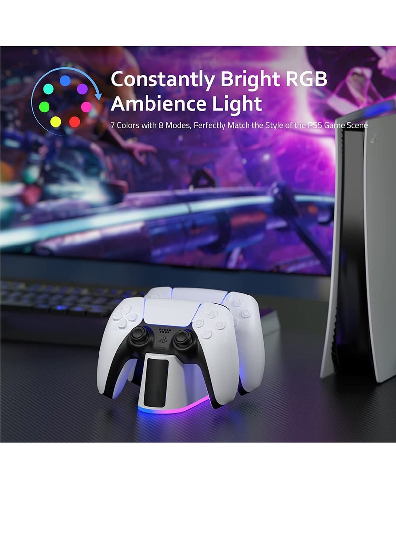 فوميمو قاعدة شاحن وحدة تحكم بلايستيشن 5 - إضاءة RGB شحن سريعة لوحدة مؤشر LED كيبل USB C تصميم نقر حماية ذكية أمنة لذراع متعدد الألوان - Image 5