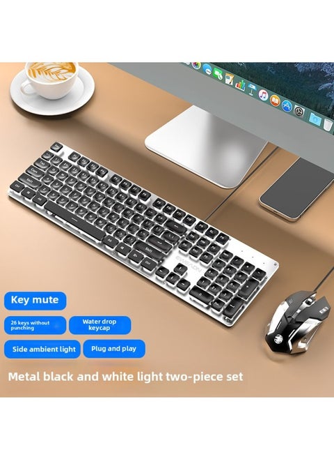 Front 107 Real Feel Mute Keyboard Game Computer Mechanical Office Girl Walker Wireless Wired Keyboard Mouse-Color:Mechanical Feel-[wired Two-piece Set] Black White Light + Mouse■Water Drop Keycap-no-104 Keys-official Standard