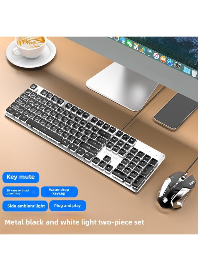 Generic Front 107 Real Feel Mute Keyboard Game Computer Mechanical Office Girl Walker Wireless Wired Keyboard Mouse-Color:Mechanical Feel-[wired Two-piece Set] Black White Light + Mouse■Water Drop Keycap-no-104 Keys-official Standard  - Image 1