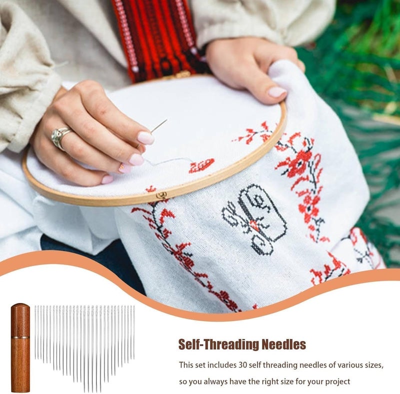 DORPUT 30Pc's Quilting Needle Self-Threading with Wooden Needle Case Long Quilting Needle of Various Sizes Easy Self-Threading Quilting Needle for Quilting, Embroidery, Hand Sewing. - Image 3