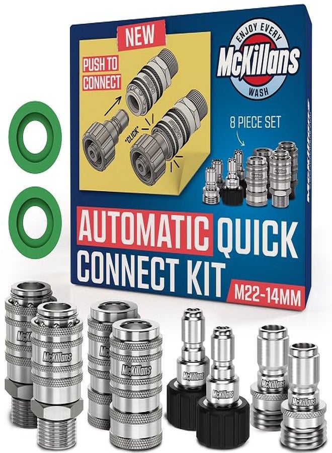 McKillans® 2025 Automatic M22-14mm Pressure Washer Quick Connect Kit - M22 to 3/8 Quick Connect Pressure Washer Fittings - Power Washer Accessories - Hose Adapter Set - 8-Piece Kit (Stainless Steel) - Image 1
