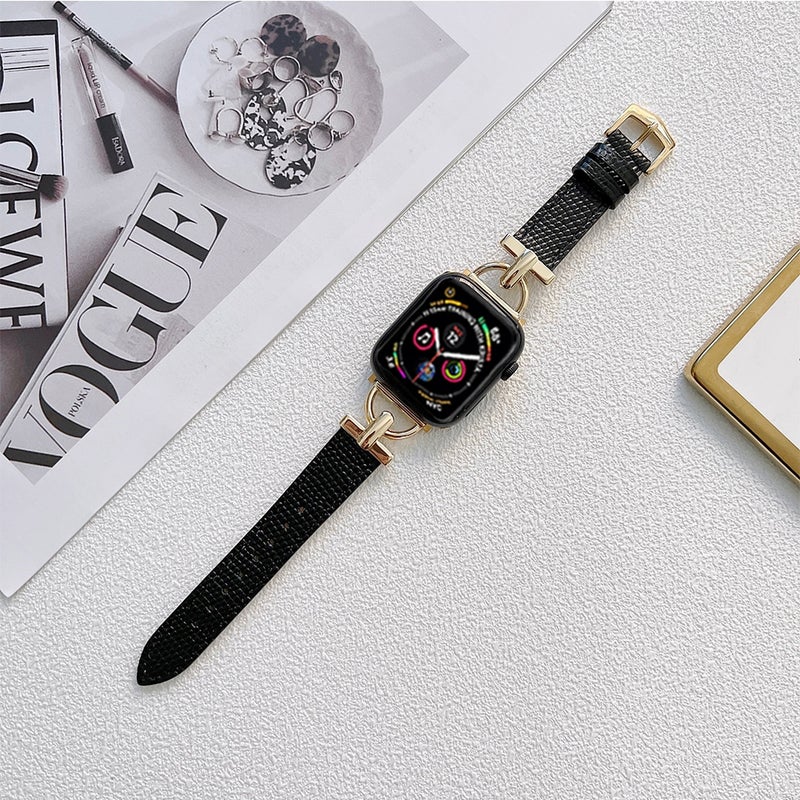 erorex D-Shaped Steel + Genuine Leather Watch Band For Apple Watch Ultra 49Mm&Watch Ultra 2 49Mm / Series 9&8&7 45Mm / Se 3&Se 2&6&Se&5&4 44Mm / 3&2&1 42Mm(Gold + Black) - Image 1