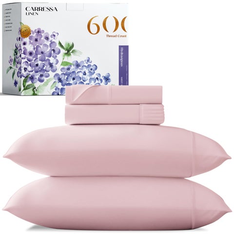 Carressa Linen 100% Egyptian Cotton Sheets - 600 Thread Count 4 PC Queen Size Sheet Set  Soft  Cooling  High Thread Count Sateen  Extra Long Staple Luxury Bedding  16 in Deep Pocket - Soft Blush Pink