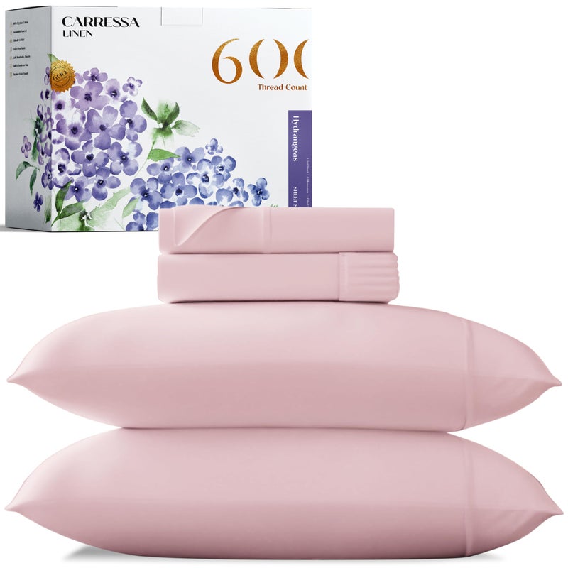 Carressa Linen 100% Egyptian Cotton Sheets - 600 Thread Count 4 PC Queen Size Sheet Set  Soft  Cooling  High Thread Count Sateen  Extra Long Staple Luxury Bedding  16 in Deep Pocket - Soft Blush Pink