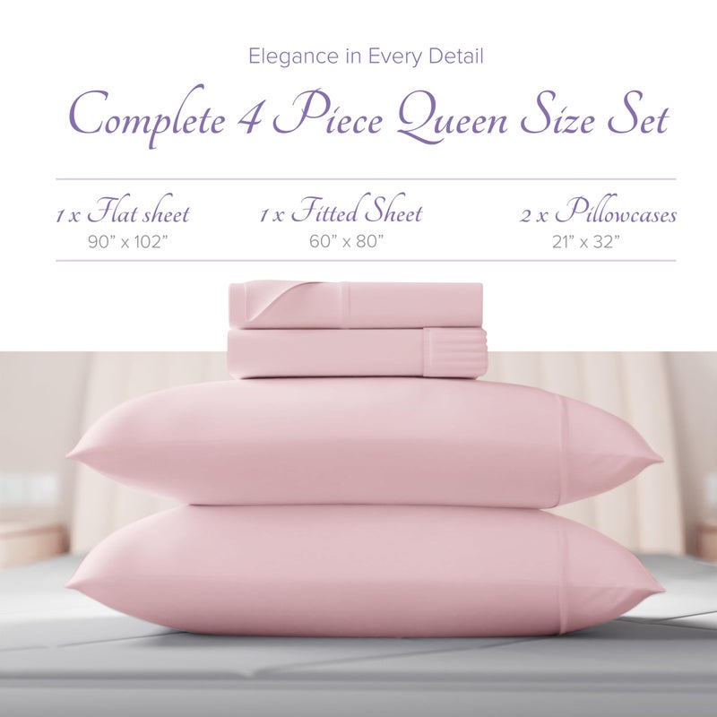 Carressa Linen 100% Egyptian Cotton Sheets - 600 Thread Count 4 PC Queen Size Sheet Set  Soft  Cooling  High Thread Count Sateen  Extra Long Staple Luxury Bedding  16 in Deep Pocket - Soft Blush Pink