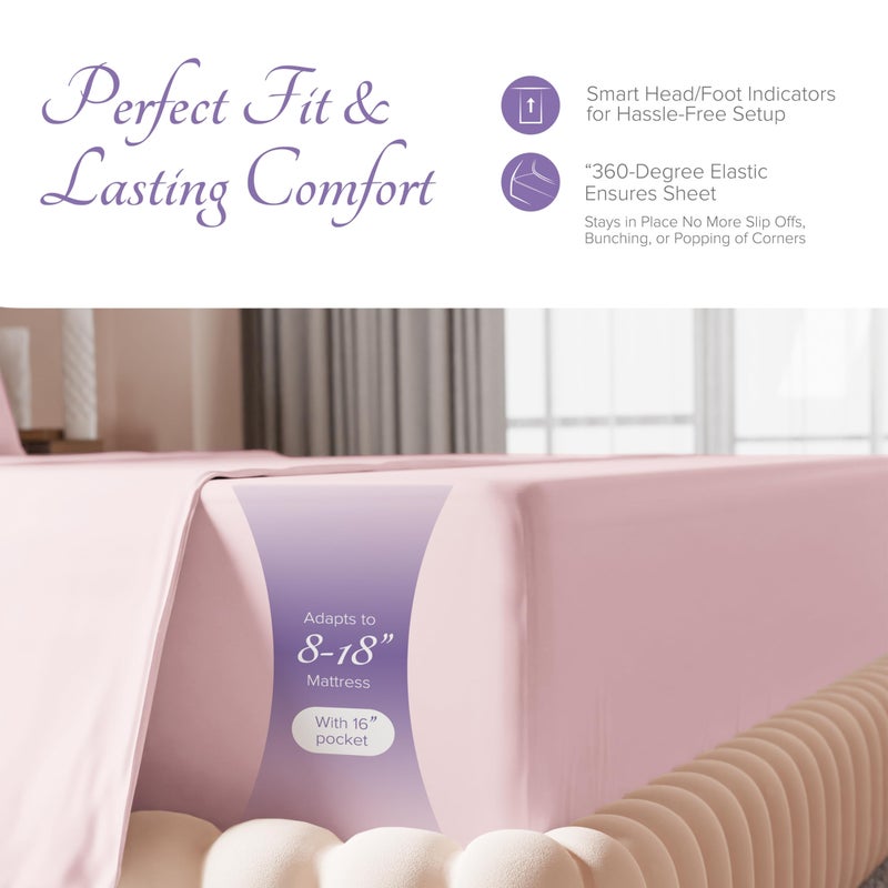 Carressa Linen 100% Egyptian Cotton Sheets - 600 Thread Count 4 PC Queen Size Sheet Set  Soft  Cooling  High Thread Count Sateen  Extra Long Staple Luxury Bedding  16 in Deep Pocket - Soft Blush Pink