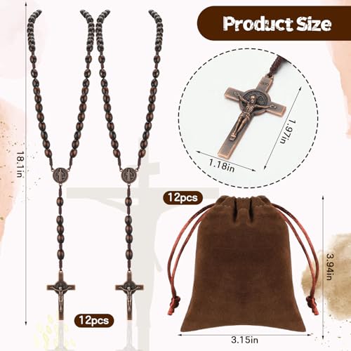 Equsion 12 Set Wooden Bead Rosary Necklace Catholic Rosary Wood Carved Solid Beads with Jesus Cross Our Father with Velour Gift Pouch Baptism Favors Catholic GiftDark Coffee - Image 3