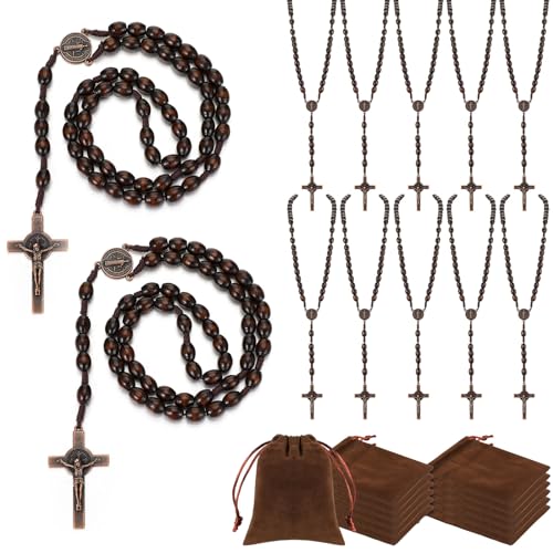 Equsion 12 Set Wooden Bead Rosary Necklace Catholic Rosary Wood Carved Solid Beads with Jesus Cross Our Father with Velour Gift Pouch Baptism Favors Catholic GiftDark Coffee - Image 1