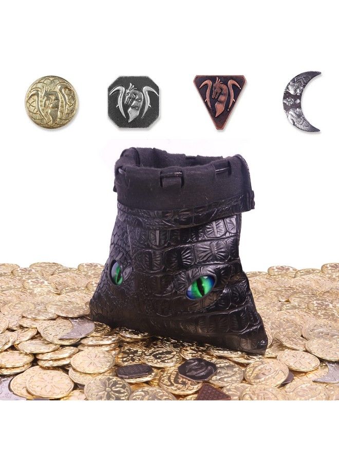 Byhoo 145Pcs Metal Dnd Coins & Leather Bag Contains 60 Gold Coins 40 Sliver Coins 40 Copper Coins And 5 Platinum Coins Game Tokens With Glow In The Night Eyes Leather Bag For Rpg Tablelap Games  - Image 2