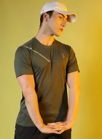 Campus Sutra Men's Olive Green Contrast Heathered Activewear T-Shirt