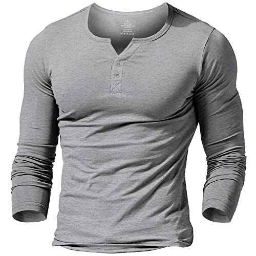 palglg Mens Long Sleeve Muscle Slim Fitted Cotton Henley T-Shirt with Buttons Grey XL - Image 1