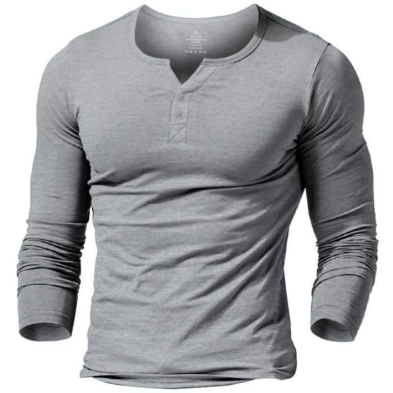 palglg Mens Long Sleeve Muscle Slim Fitted Cotton Henley T-Shirt with Buttons Grey XL - Image 4