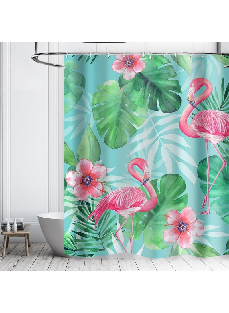 Ticuenicoa Ticuenicoa Tropical Pink Flamingo Shower Curtain with Hooks Watercolor Bath Pink Flamingos Green Leaf Waterproof Fabric Curtains Bathroom Decor Set with 12 Hooks Sets 72Wx72H  - Image 2