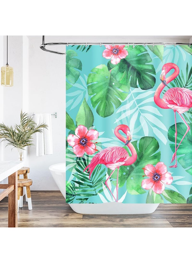 Ticuenicoa Ticuenicoa Tropical Pink Flamingo Shower Curtain with Hooks Watercolor Bath Pink Flamingos Green Leaf Waterproof Fabric Curtains Bathroom Decor Set with 12 Hooks Sets 72Wx72H  - Image 3