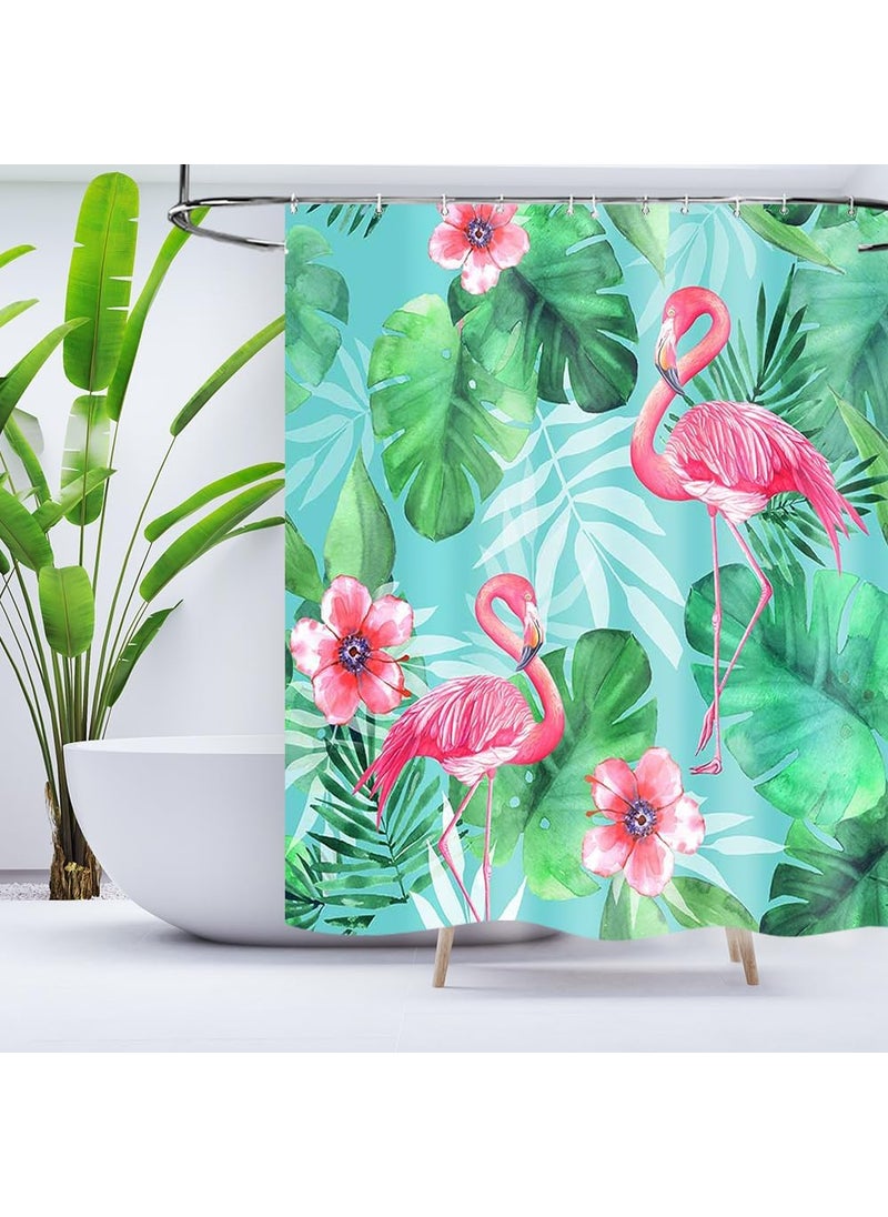 Ticuenicoa Ticuenicoa Tropical Pink Flamingo Shower Curtain with Hooks Watercolor Bath Pink Flamingos Green Leaf Waterproof Fabric Curtains Bathroom Decor Set with 12 Hooks Sets 72Wx72H  - Image 1