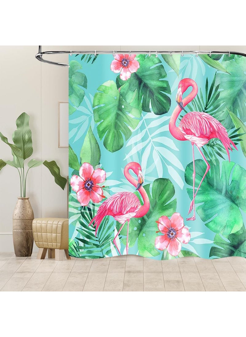 Ticuenicoa Ticuenicoa Tropical Pink Flamingo Shower Curtain with Hooks Watercolor Bath Pink Flamingos Green Leaf Waterproof Fabric Curtains Bathroom Decor Set with 12 Hooks Sets 72Wx72H  - Image 4