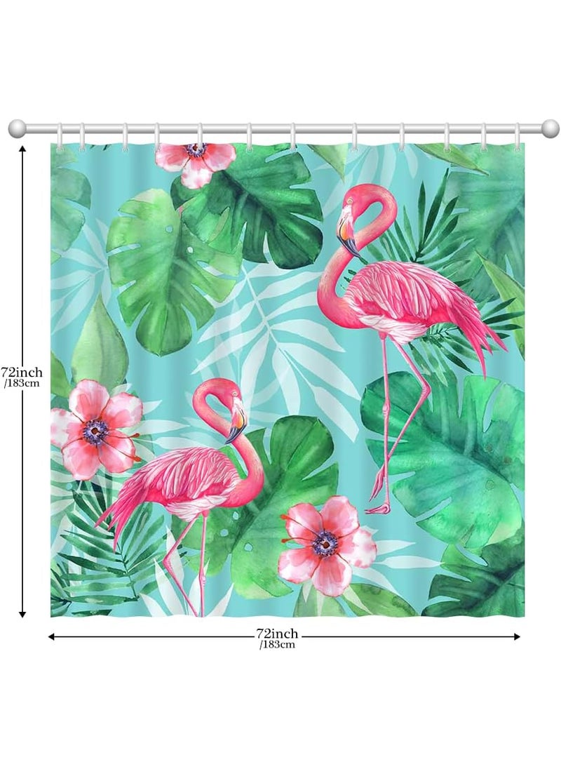 Ticuenicoa Ticuenicoa Tropical Pink Flamingo Shower Curtain with Hooks Watercolor Bath Pink Flamingos Green Leaf Waterproof Fabric Curtains Bathroom Decor Set with 12 Hooks Sets 72Wx72H  - Image 5