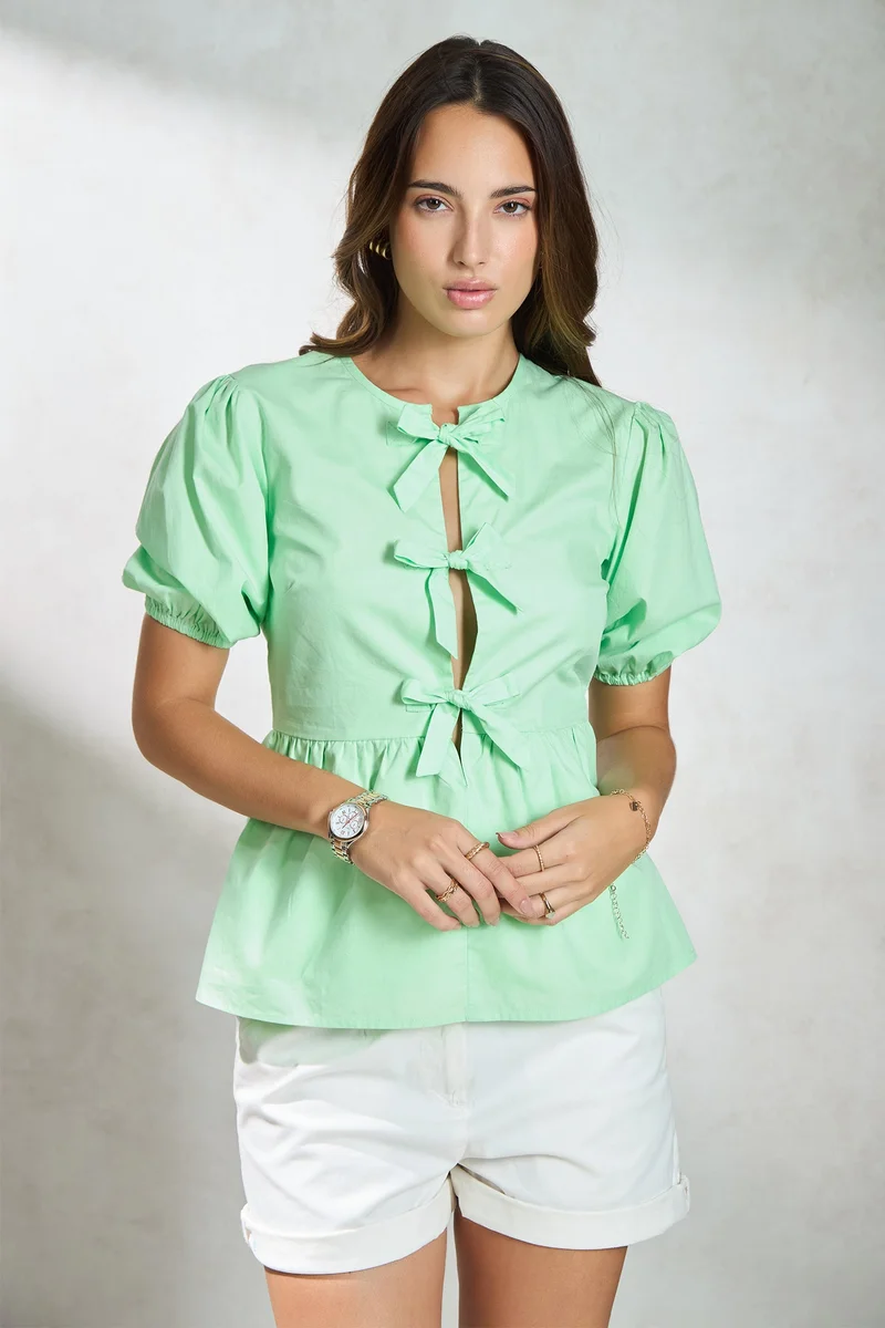 Virgio VIRGIO 100% Cotton Front-Tie Detail Peplum Top