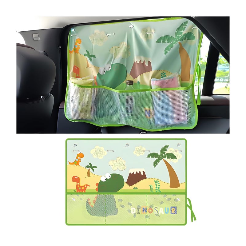 Sandfren Car Window Shade Vehicle Sunshade Curtain with Storage Pockets Suction Cups for Baby Cartoon Pattern Auto Interior Heat Sun Protection Cover Universal for SUV Sedan Trucks Dinosaur - Image 3