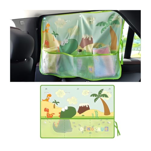 Sandfren Car Window Shade Vehicle Sunshade Curtain with Storage Pockets Suction Cups for Baby Cartoon Pattern Auto Interior Heat Sun Protection Cover Universal for SUV Sedan Trucks Dinosaur - Image 1